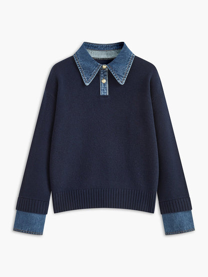 Mia | Women's Denim-Collar Knit Polo Sweater