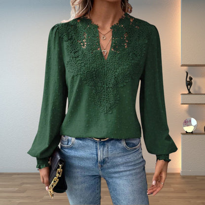 Sophia | Women's Lace-Bodice V-Neck Smocked-Cuff Long-Sleeve Blouse