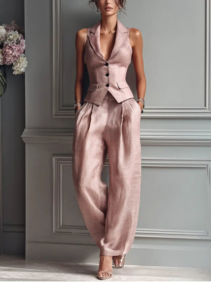 Olivia | Women's Pleated Wide Leg Pants Lapel Vest Linen Two-Piece Set