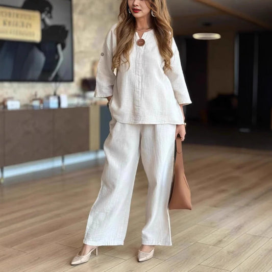 Grace | Women's Relaxed Linen-Look 3/4 Sleeve Tunic Wide-Leg Pants Set