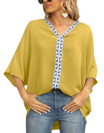 Scarlett | Women's Relaxed V-Neck Geometric Trim Oversized Tunic Top