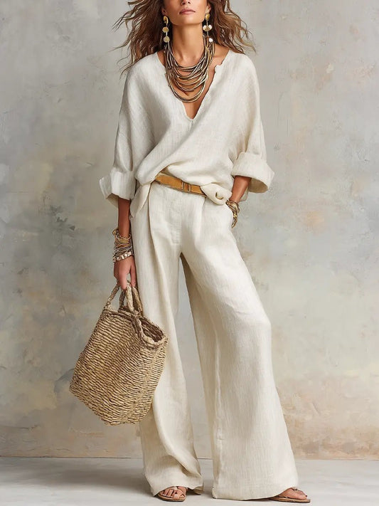 Harper | Women's Relaxed V-Neck Linen Two-Piece Wide Leg Pants Set