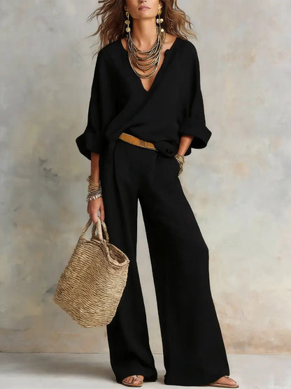 Harper | Women's Relaxed V-Neck Linen Two-Piece Wide Leg Pants Set
