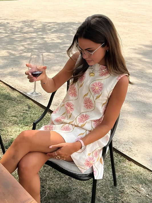 Victoria | Women's Sleeveless A-Line Floral Linen Blouse Dress
