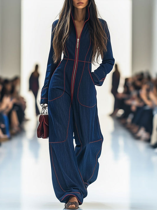 Luna | Women's Wide Leg Long Sleeve Zip-Front Jumpsuit