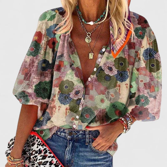 Zariah | Women's Floral Print 3/4 Sleeve Button Down Blouse