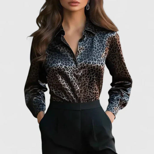Zivonne | Women's Leopard Print Collared Long Sleeve Blouse